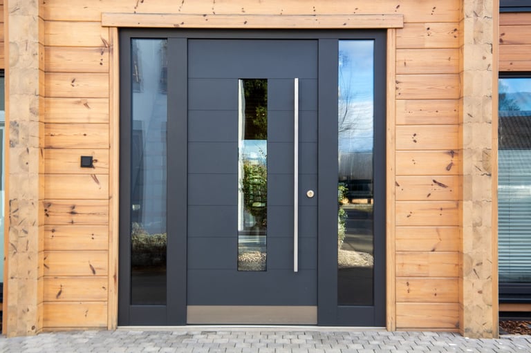 Modern black front door on a new wooden house