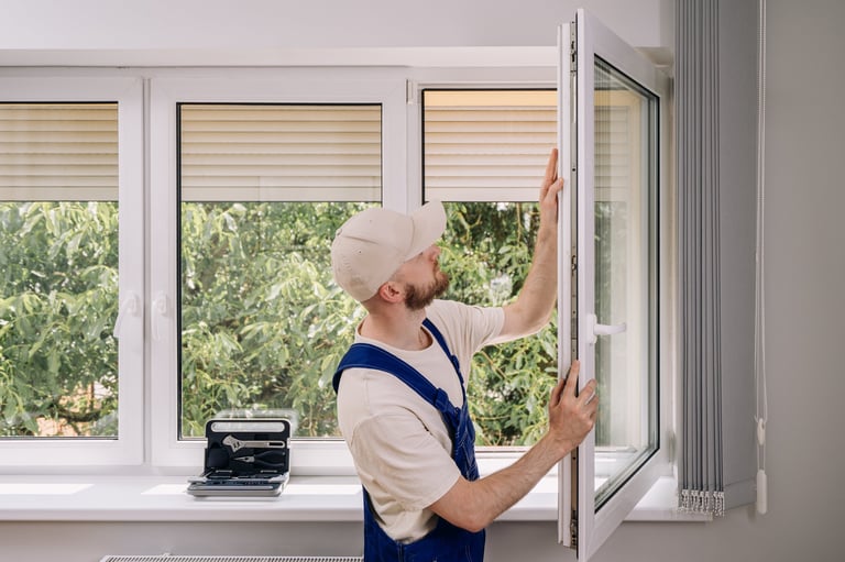 A skilled repairman works on installing a new pvc window with plastic frame in a residential apartment. Man checking metal elements standing against open toolbox with tools on windowsill, profile view