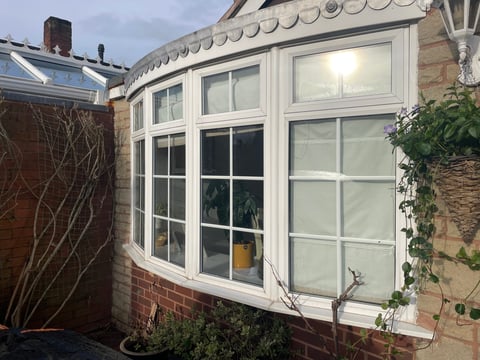 White bay window extension on brick house with climbing ivy and bare climbing plant stems